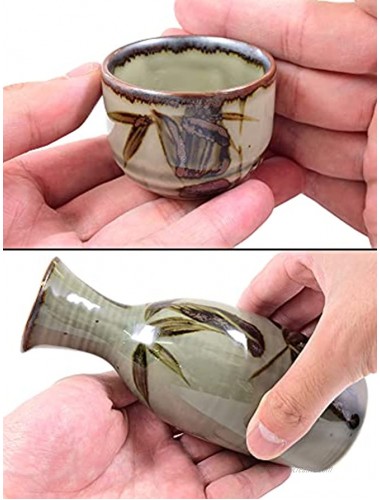 Mino Ware Traditional Japanese Sake Set Tokkuri Bottle and 4 Ochoko Cups Green Mashikodake