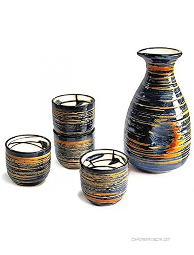 Sake Set Japanese Gifts 5 Pieces Traditional Japanese Sake Cup Set Hand Painted Design Porcelain Pottery Ceramic Cups Crafts Wine Glasses Blue Rich 300 ML
