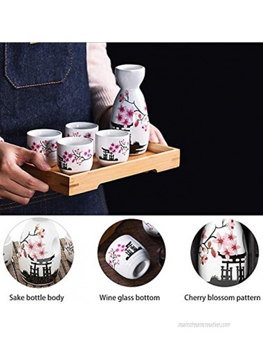 Sake Set Japanese Gifts 5 Pieces Traditional Japanese Sake Cup Set Hand Painted Design Porcelain Pottery Ceramic Cups Crafts Wine Glasses Pink Flower 200 ML