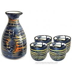 Sake Set Japanese Gifts 5 Pieces Traditional Japanese Sake Cup Set Hand Painted Design Porcelain Pottery Ceramic Cups Crafts Wine Glasses Blue Rich 300 ML