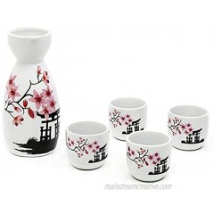 Sake Set Japanese Gifts 5 Pieces Traditional Japanese Sake Cup Set Hand Painted Design Porcelain Pottery Ceramic Cups Crafts Wine Glasses Pink Flower 200 ML