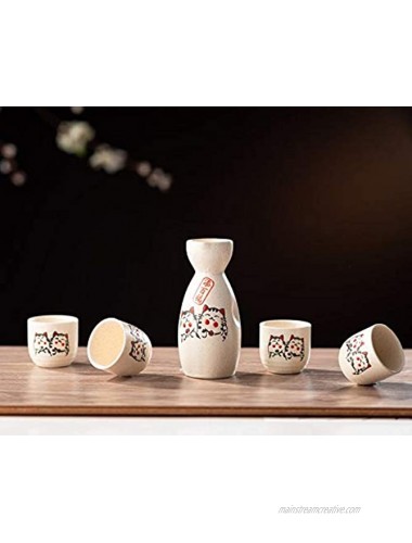 TJ Global 5-Piece Sake Set Durable Ceramic Japanese Sake Set with 1 Carafe Decanter Tokkuri Bottle and 4 Ochoko cups for Hot or Cold Sake at Home or Restaurant Cute Cat Design