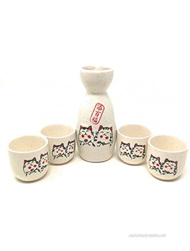 TJ Global 5-Piece Sake Set Durable Ceramic Japanese Sake Set with 1 Carafe Decanter Tokkuri Bottle and 4 Ochoko cups for Hot or Cold Sake at Home or Restaurant Cute Cat Design