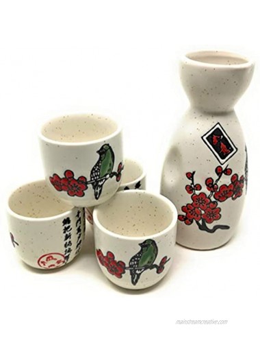 TJ Global 5-Piece Sake Set Durable Ceramic Japanese Sake Set with 1 Carafe Decanter Tokkuri Bottle and 4 Ochoko cups for Sake at Home or Restaurant Cherry Blossom with Bird and Calligraphy