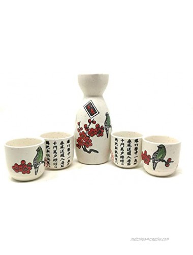 TJ Global 5-Piece Sake Set Durable Ceramic Japanese Sake Set with 1 Carafe Decanter Tokkuri Bottle and 4 Ochoko cups for Sake at Home or Restaurant Cherry Blossom with Bird and Calligraphy