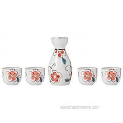 TJ Global 5-Piece Sake Set Durable Ceramic Japanese Sake Set with 1 Carafe Decanter Tokkuri Bottle and 4 Ochoko cups for Hot or Cold Sake at Home or Restaurant White with Red Flowers