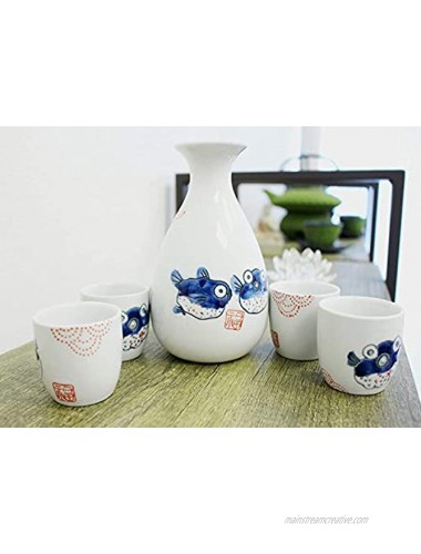 Traditional Porcelain Puffer Fish Sake Set 4 Cups 1 Decanter Carafe Sake Set House warming Gift Birthday Gift Japanese Wine Glass Kitchen Asian F15695