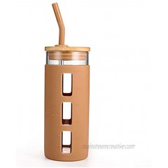 tronco 20oz Glass Tumbler Glass Water Bottle Straw Silicone Sleeve Bamboo Lid- BPA Free Amber