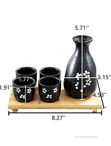 WHJY 5pc Japanese Style Ceramic Sake Set with 1 Carafe Decanter Tokkuri Bottle and 4 Sake Ochoko Cups for Hot or Cold Sake at Home or Restaurant Cerasus