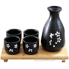 WHJY 5pc Japanese Style Ceramic Sake Set with 1 Carafe Decanter Tokkuri Bottle and 4 Sake Ochoko Cups for Hot or Cold Sake at Home or Restaurant Cerasus