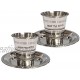 2 Pc. Stainless Steel Small Shabbat Kiddush Cup with Trays and Blessing on Wine Engraved in Hebrew.