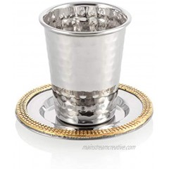 Beaded Kiddush Cup and Saucer set for Passover Shabbat Hammered stainless steel adorned with silver beading 7oz