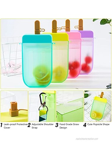 Cute Water Bottles with Straw,Portable Ice Cream Popsicle Shaped Water Bottle with Shoulder Strap Leakproof Drink Water Bottles for Kids&Women Indoor Outdoor Camping Sports Travel Yellow