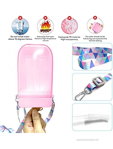 Popsicle Water Bottle with Straws Kid Cute Cup with Strap Drink Kawaii Purse Ice Cream Water Bottles with Straws and Lids for Girls Leakproof Portable Sport Summer Canteen Juice Cup Pink