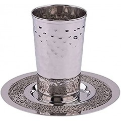 Stainless Steel Hammered Kiddush Cup With Silver Jerusalem Cutout By Yair Emanuel