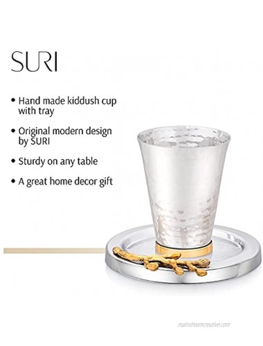 SURI Hammered Metal Kiddush Cup Set with Gold Ring Modern shabbat Wine Kiddish Glass Goblet with Plate Jewish Kitchen Wares and Gifts -9385
