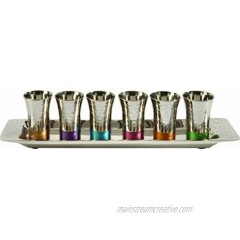 Yair Emanuel Kiddush Cup Goblet Set of 6 Small Kiddush Cups and Tray Nickel Hammerwork Multicolor GA-2