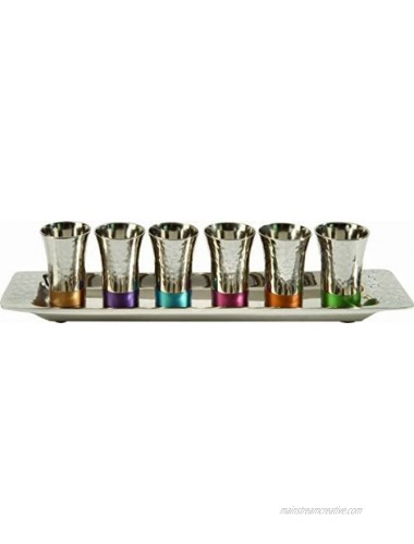 Yair Emanuel Kiddush Cup Goblet Set of 6 Small Kiddush Cups and Tray Nickel Hammerwork Multicolor GA-2