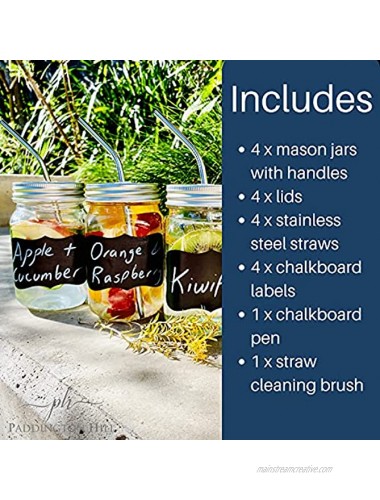 4 pack glass mason jars with handle and stainless-steel straw lid reusable chalkboard labels chalkboard pen and straw cleaning wand. Mason Jar Cup glass mason jar with straw