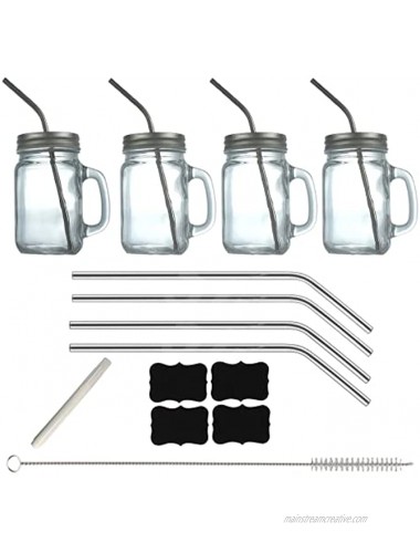 4 pack glass mason jars with handle and stainless-steel straw lid reusable chalkboard labels chalkboard pen and straw cleaning wand. Mason Jar Cup glass mason jar with straw