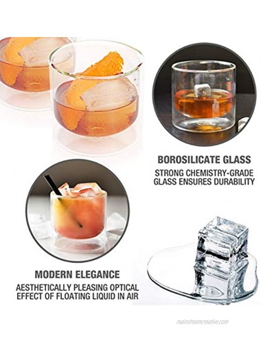 9 oz Whiskey Glasses Set of 2 Double Wall Bourbon Rock Glassware for Bar Gifts Whisky Scotch Old Fashioned or Liquor Cocktail Tumbler Perfect Fathers Day Gifts by Eparé