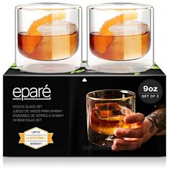9 oz Whiskey Glasses Set of 2 Double Wall Bourbon Rock Glassware for Bar Gifts Whisky Scotch Old Fashioned or Liquor Cocktail Tumbler Perfect Fathers Day Gifts by Eparé