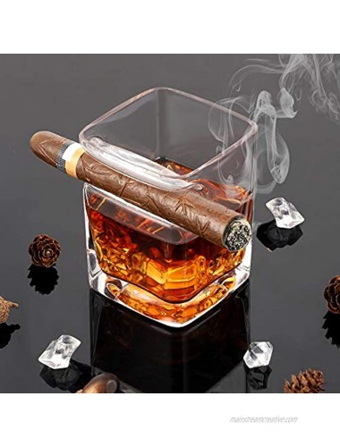 Cigar Whiskey Glass Cigar Cup Whiskey Tumbler with Side Mounted Holder Crystal Square Cup with Indented Rest Whiskey Gift for Men Set of 2 Whiskey Strong Wine Cup for Scotch Bourbon 14oz