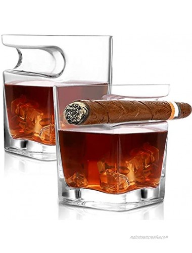 Cigar Whiskey Glass Cigar Cup Whiskey Tumbler with Side Mounted Holder Crystal Square Cup with Indented Rest Whiskey Gift for Men Set of 2 Whiskey Strong Wine Cup for Scotch Bourbon 14oz