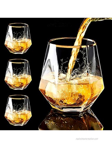 Diamond Whiskey Glasses 4 PCS Rocks Glasses Gold Banded Cocktail Drinkware for Rum Scotch or Wine Glasses Tumblers Old Fashion Elegant Glass Unique Christmas New year Father's Day Gifts Clear