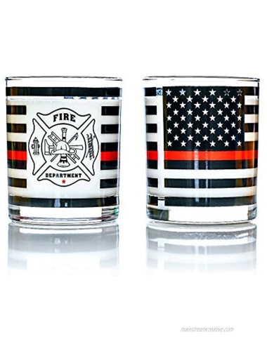 Greenline Goods Thin Red Line Firefighter Whiskey Old Fashioned Glasses Set of 2 10 oz Classic Glass Drinkware with Fire Fighter Flag Graphics -Shows Support for First Responders