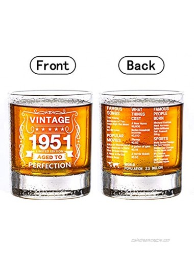 Old Fashioned Glasses-1951-Vintage 1951 Old Time Information 10.25oz Whiskey Rocks Glass -70th Birthday Aged to Perfection 70 Years Old Gifts Bourbon Scotch Lowball Old Fashioned-1PCS