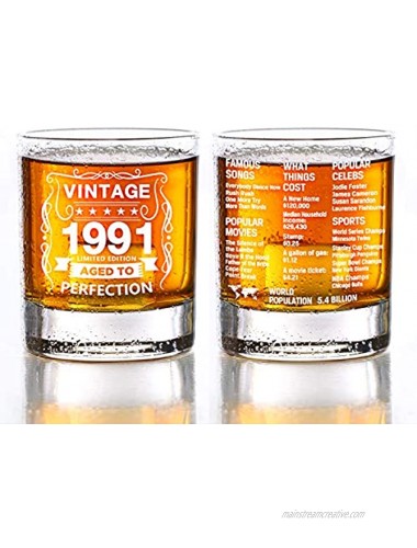 Old Fashioned Glasses-1991-Vintage 1991 Old Time Information 10.25oz Whiskey Rocks Glass -30th Birthday Aged to Perfection 30 Years Old Gifts Bourbon Scotch Lowball Old Fashioned-1PCS