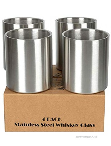 Whiskey Glass Set of 4 Stainless Steel Lowball Glasses 10 oz Insulated Shatterproof Outdoor Bourbon Glass Ideal Gift for Family Friends and Whisky Lovers