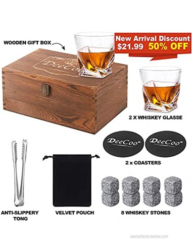 Whiskey Glasses Set of 2 Bourbon Glasses with Wooden Box Old Fashioned Whiskey Glass Set with Stones 10 oz Scotch Glasses Gift Set for Men Crystal Cocktail Glasses Bar Glasses for Dad