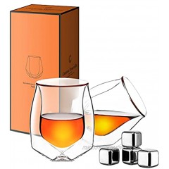 Whiskey Glasses Set of 2 With Whiskey Stones Lead-Free Hand Blown Double Walled Glass With Luxurious Gift Box For Scotch Bourbon ,Perfect Fahter's Day Gift For Men