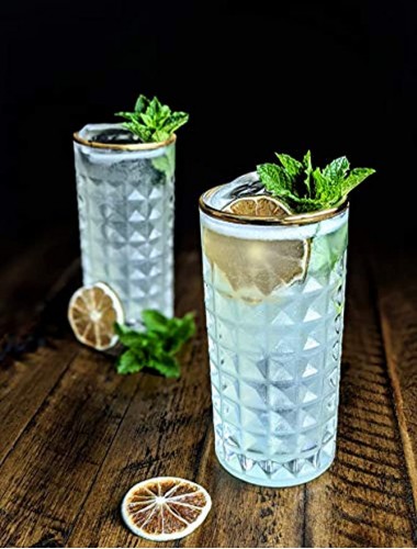 Amehla Co. Gold Rimmed Highball Collins Cocktail Glass Set | Drinking Glasses for Cocktails Water Juice Iced Tea or Coffee