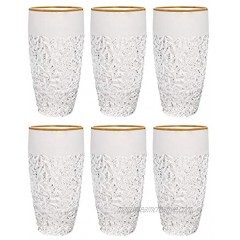 Barski European Quality Glass Crystal Set of 6 Highball Hiball Tumblers 16 oz. Raindrop Design with Frosted Border and Gold Rim on Tumbler Glasses are Made in Europe