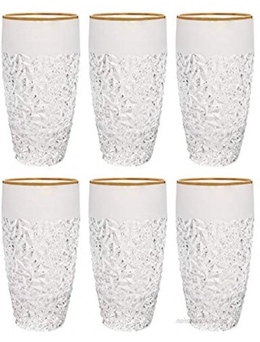 Barski European Quality Glass Crystal Set of 6 Highball Hiball Tumblers 16 oz. Raindrop Design with Frosted Border and Gold Rim on Tumbler Glasses are Made in Europe