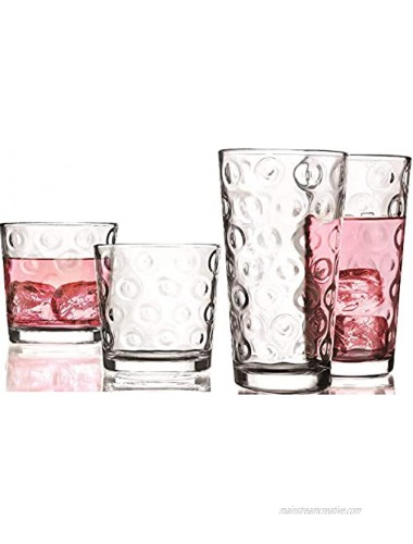 Circleware DoubleCircle Huge 16-Piece Glassware Set of Highball Tumbler Drinking Glasses and Whiskey Cups for Water Beer Juice Ice Tea Beverages 8-15.75 oz & 8-12.5 oz Circles