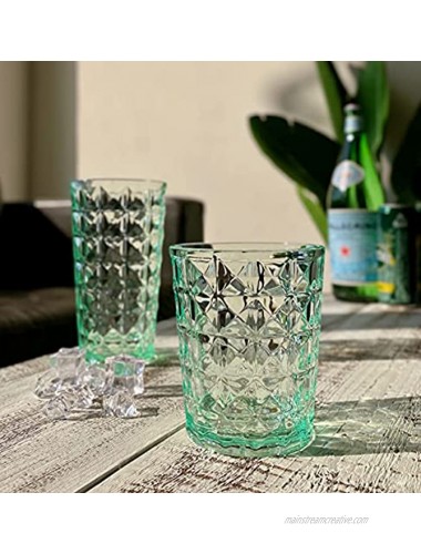 KLIFA- AMOR- 16 & 21 ounce Set of 8 Acrylic Drinking Glasses Tumbler Highball Glass Set BPA-Free Stackable Plastic Drinkware Dishwasher Safe Green