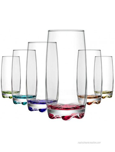 LAV Highball Glasses Set of 6 Clear Water Drinking Glasses 13 oz Beverage Glasses Set with Colored Bottoms Colored Drinking Glasses Vibrant Glass Cups Made in Europe