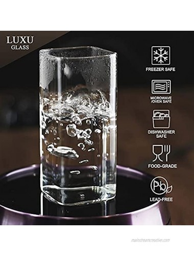 LUXU Drinking Glasses 13 oz,Thin Square Glasses Set of 4,Elegant Bar Glassware For Water,Juice,Beer Drinks,and Cocktails and Mixed Drinks,Lead-Free Square Glass,Glass Drink Tumblers