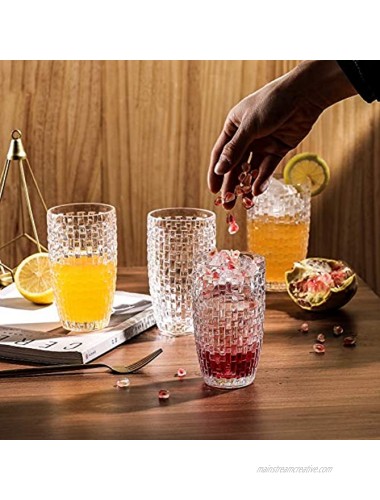 Omita Highball Glasses Set of 6 Clear 12 oz Vintage Embossed Tall Drink-ware Iced Beverage Jucie Beer Milk Cup Perfect for Dinner Parties Bars Restaurants Everyday Use