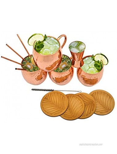 100% Handcrafted Moscow Mule Copper Mugs Set of 4 Handmade Pure Solid Copper Mugs 16 oz capacity Gift Set with BONUS: 4 Cocktail Copper Straws 1 Shot Glass and 4 coasters