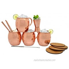 100% Handcrafted Moscow Mule Copper Mugs Set of 4 Handmade Pure Solid Copper Mugs 16 oz capacity Gift Set with BONUS: 4 Cocktail Copper Straws 1 Shot Glass and 4 coasters