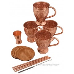100% Moscow Mule Copper Mugs Set of 4 Handmade Pure Solid Hammered Copper Mugs 16 oz capacity Gift Set with BONUS: 4 Cocktail Copper Straws 1 Shot Glass and 4 coasters