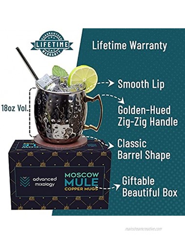 Advanced Mixology Stainless Steel Moscow Mule Cups Set of 6 18oz Chrome Black Gunmetal Finish w 6 Straws 6 Coasters 1 Jigger 1 Spoon & 1 Brush | Heavy Duty Moscow Mule Mugs w No Lining