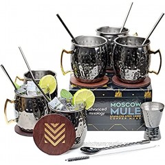 Advanced Mixology Stainless Steel Moscow Mule Cups Set of 6 18oz Chrome Black Gunmetal Finish w  6 Straws 6 Coasters 1 Jigger 1 Spoon & 1 Brush | Heavy Duty Moscow Mule Mugs w  No Lining