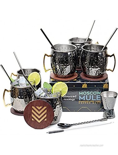 Advanced Mixology Stainless Steel Moscow Mule Cups Set of 6 18oz Chrome Black Gunmetal Finish w 6 Straws 6 Coasters 1 Jigger 1 Spoon & 1 Brush | Heavy Duty Moscow Mule Mugs w No Lining