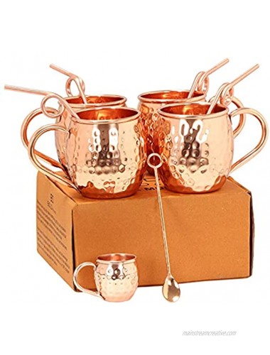 BOLD & DIVINE Authentic Moscow Mule Copper Mugs Set of 4 16oz | Solid 100% Copper Cups Set w 4 Straws 1 Shot Glass 1 Spoon | Each Mug Weighs 1 2 LBS